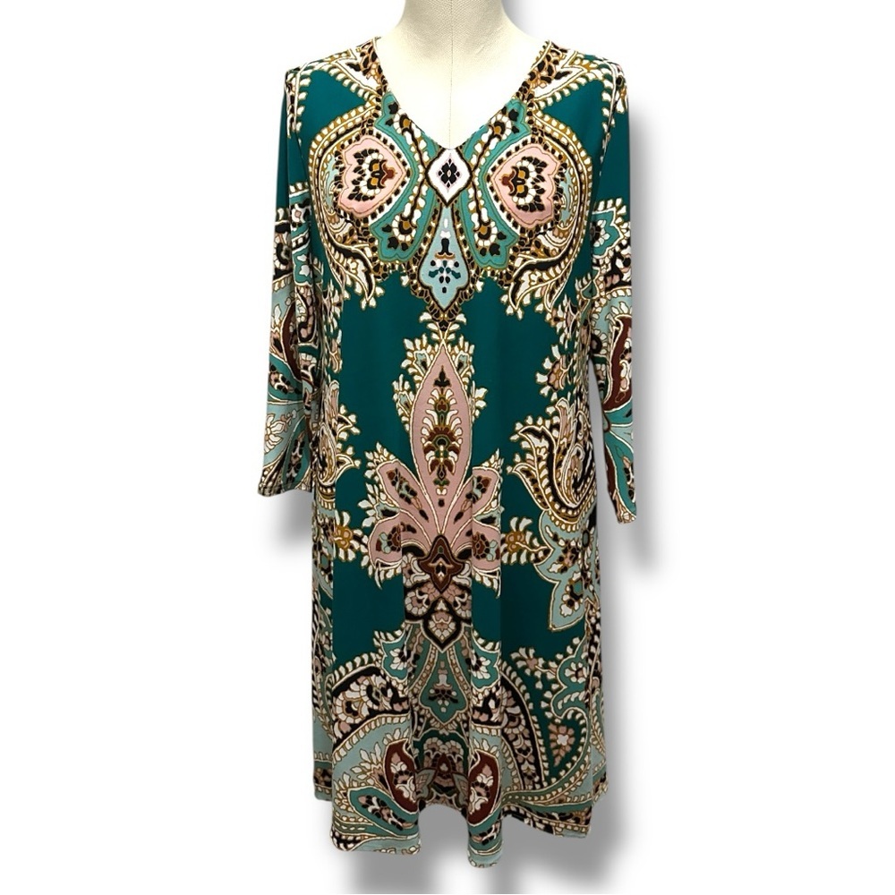 135 Chico’s | NWOT Green Pink Paisley Shift Dress (Size 4/6) - Picture 3 of 11